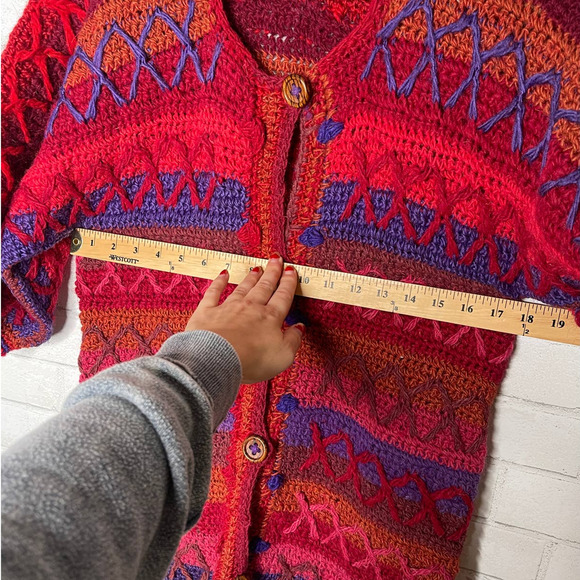 VINTAGE 60s XS Mod HAND KNIT Sweater Mini Dress $380 WOOL Puff Sleeves Red Blue - Picture 14 of 15